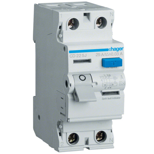 Дифреле (УЗО) Hager CD225J 2-полюсное 6kА 25А 30mA тип А