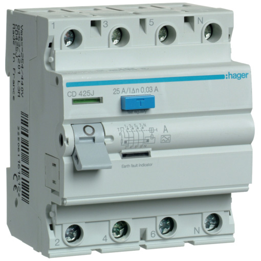Дифреле (УЗО) Hager CD425J 4-полюсное 6kА 25А 30mA тип А