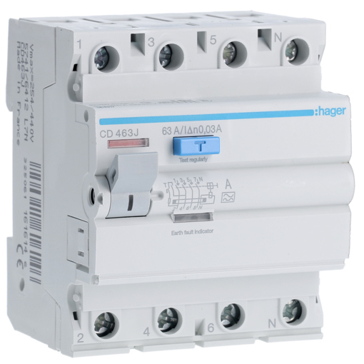 Дифреле (ПЗВ) Hager CD463J 4-полюсне 6kА 63А 30mA тип А
