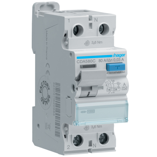 Дифреле (ПЗВ) Hager CDA580C 2-полюсне 10kА 80А 30mA тип А