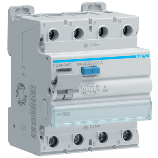 Дифреле (ПЗВ) Hager CDA684C 4-полюсне 10kА 100А 30mA тип А