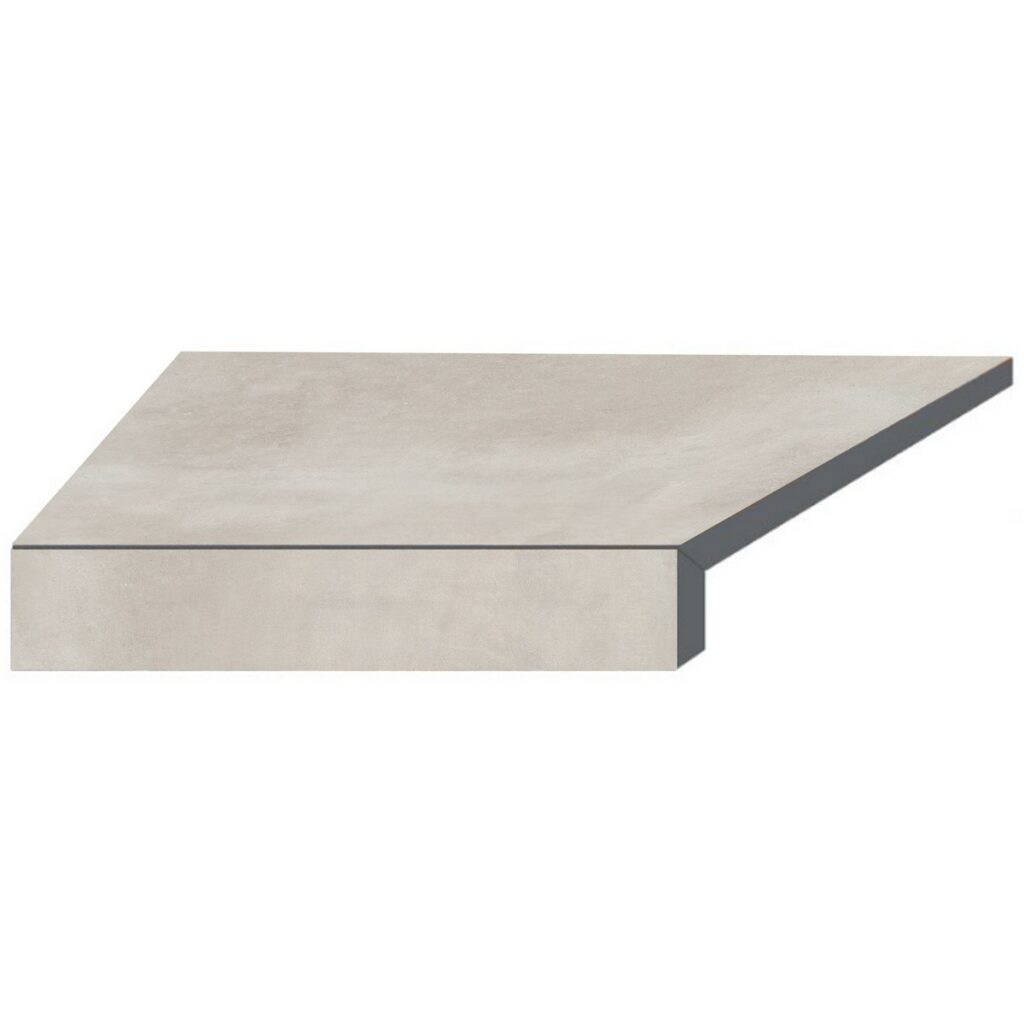 Угловой Г-образный элемент бортовой плитки Aquaviva Patio Soft Grey, 600x345x50(20) мм (левый/45°)